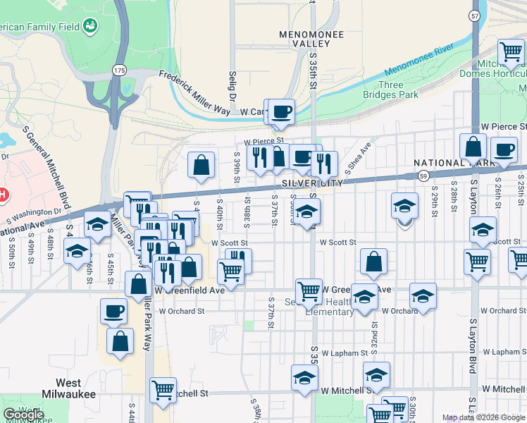map of restaurants, bars, coffee shops, grocery stores, and more near 1029 South 37th Street in Milwaukee