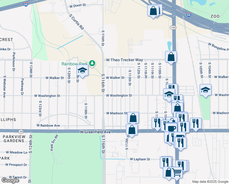 map of restaurants, bars, coffee shops, grocery stores, and more near 1105 South 115th Street in West Allis