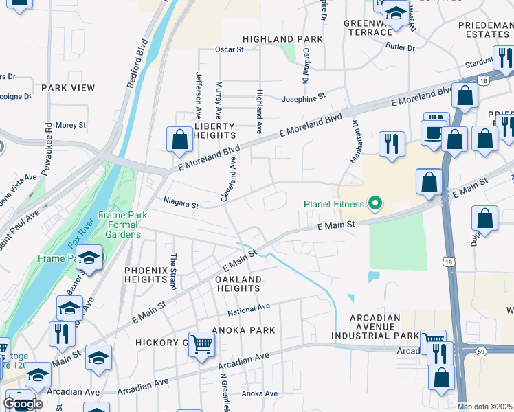 map of restaurants, bars, coffee shops, grocery stores, and more near 1304 Falls Court in Waukesha