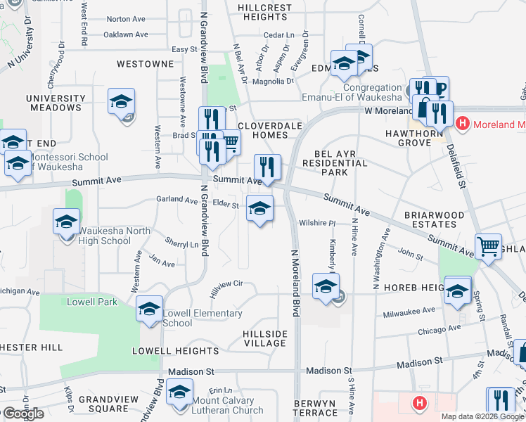 map of restaurants, bars, coffee shops, grocery stores, and more near 480 Orchard Avenue in Waukesha
