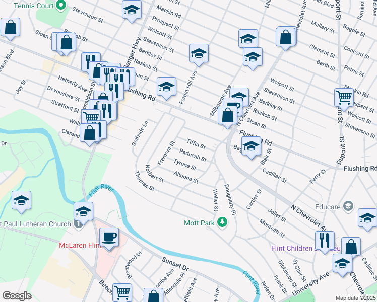 map of restaurants, bars, coffee shops, grocery stores, and more near 2546 Paducah Street in Flint