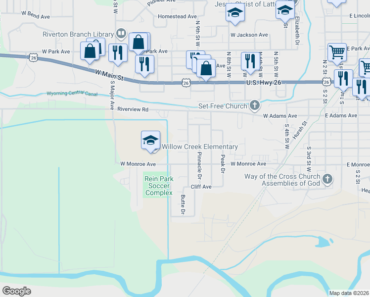 map of restaurants, bars, coffee shops, grocery stores, and more near 509-513 Spire Drive in Riverton