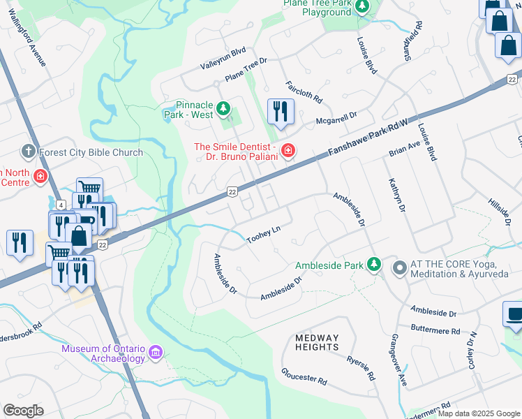 map of restaurants, bars, coffee shops, grocery stores, and more near 400 Ambleside Drive in London