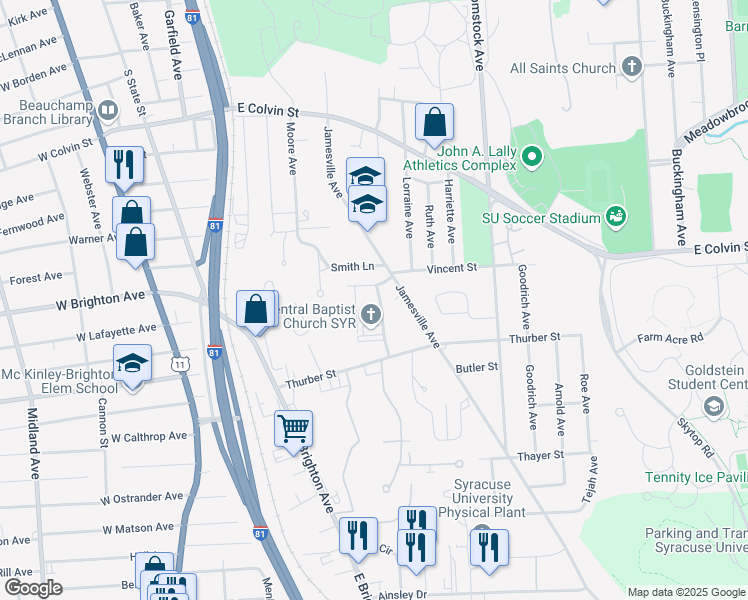 map of restaurants, bars, coffee shops, grocery stores, and more near 108 Alden Street in Syracuse