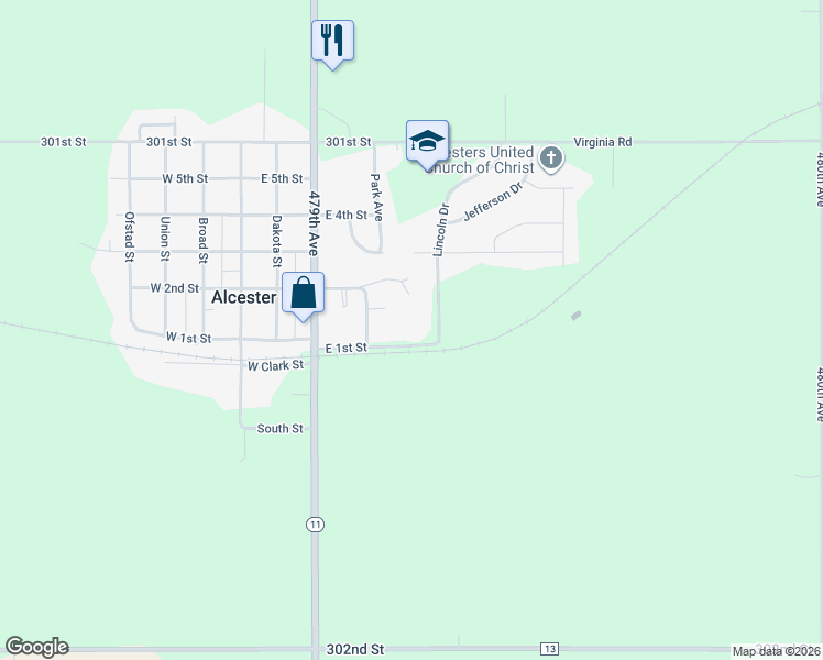 map of restaurants, bars, coffee shops, grocery stores, and more near 400 East 1st Street in Alcester