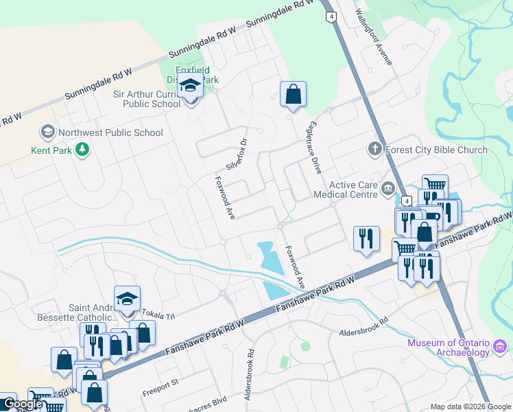 map of restaurants, bars, coffee shops, grocery stores, and more near 1956 Foxwood Avenue in London