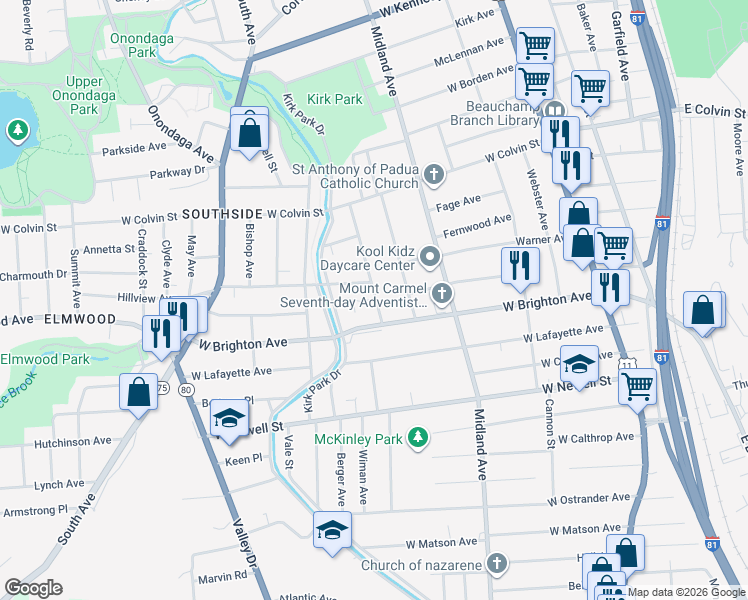 map of restaurants, bars, coffee shops, grocery stores, and more near 412 West Brighton Avenue in Syracuse