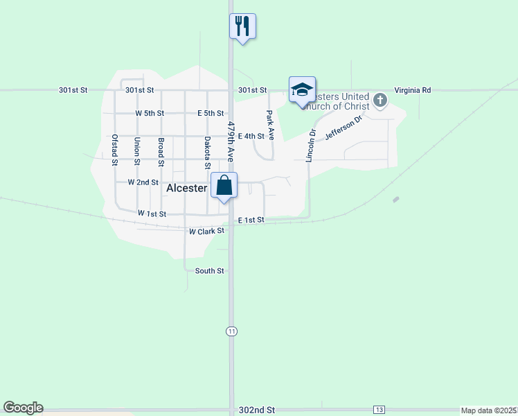 map of restaurants, bars, coffee shops, grocery stores, and more near 300-398 E 1st St in Alcester