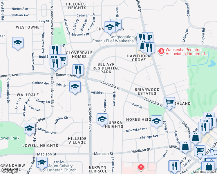map of restaurants, bars, coffee shops, grocery stores, and more near 1117 Summit Avenue in Waukesha