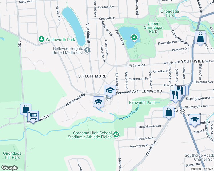 map of restaurants, bars, coffee shops, grocery stores, and more near 805 Stinard Avenue in Syracuse