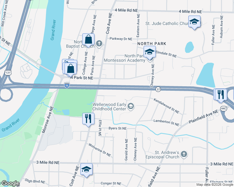 map of restaurants, bars, coffee shops, grocery stores, and more near 694 Kendalwood Street Northeast in Grand Rapids