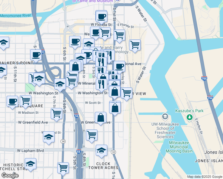 map of restaurants, bars, coffee shops, grocery stores, and more near 124 West Washington Street in Milwaukee