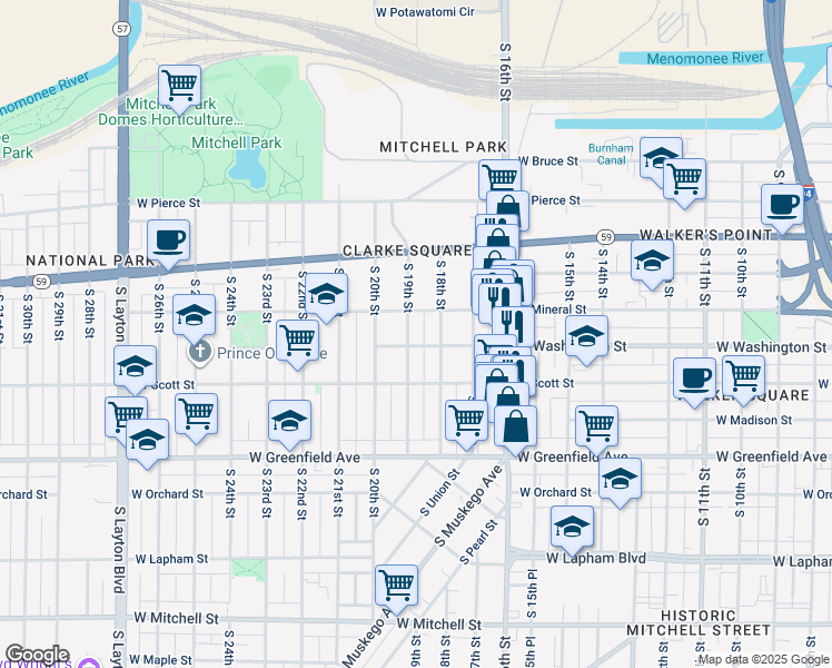 map of restaurants, bars, coffee shops, grocery stores, and more near 1107 South 18th Street in Milwaukee