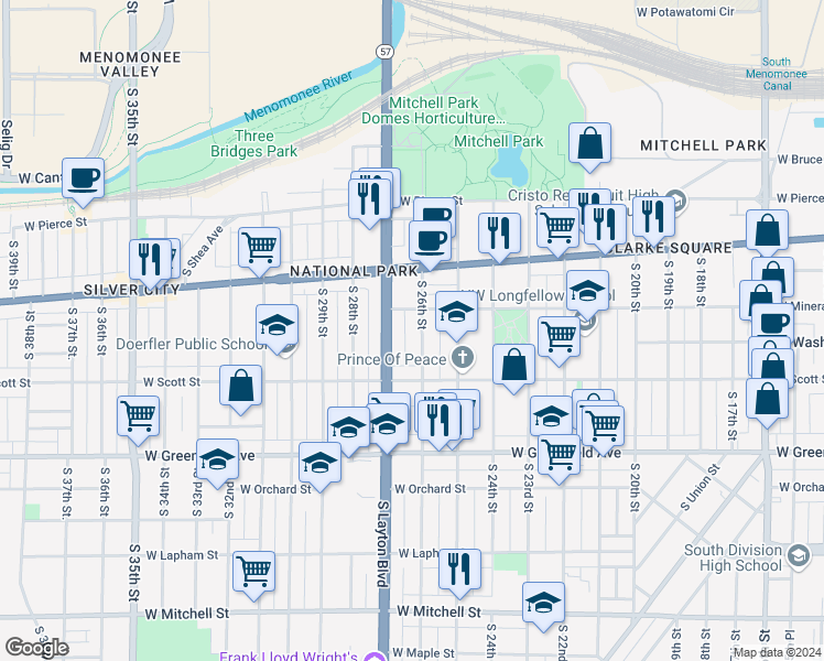 map of restaurants, bars, coffee shops, grocery stores, and more near 1101 South 26th Street in Milwaukee