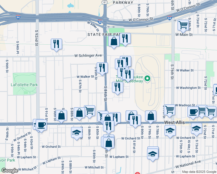 map of restaurants, bars, coffee shops, grocery stores, and more near 1041 South 84th Street in West Allis