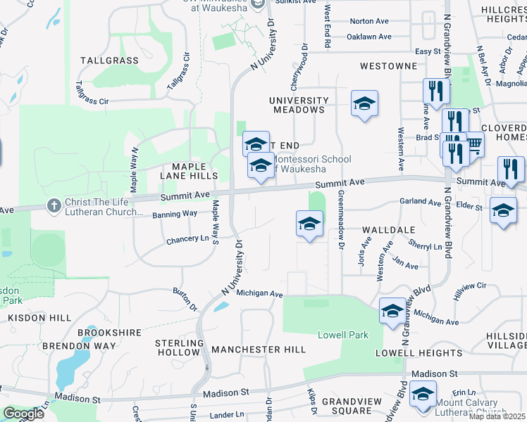 map of restaurants, bars, coffee shops, grocery stores, and more near 2501 Summit Avenue in Waukesha