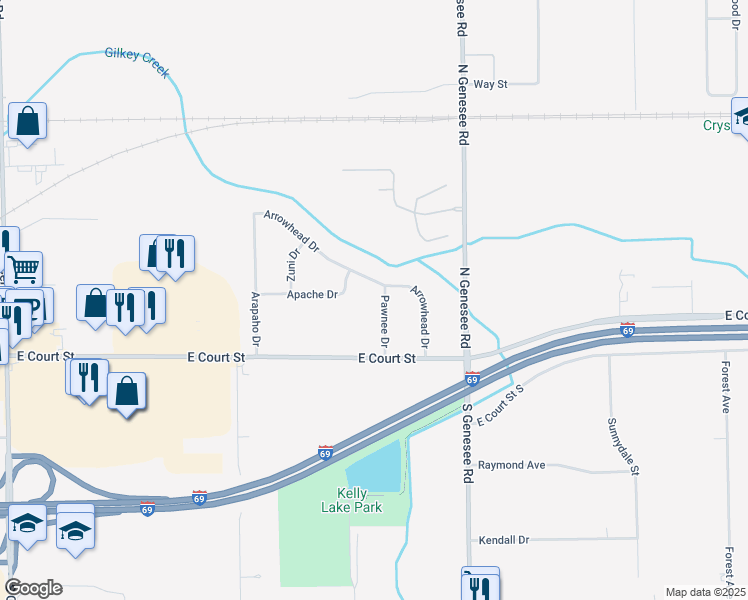 map of restaurants, bars, coffee shops, grocery stores, and more near 1051 Pawnee Drive in Burton