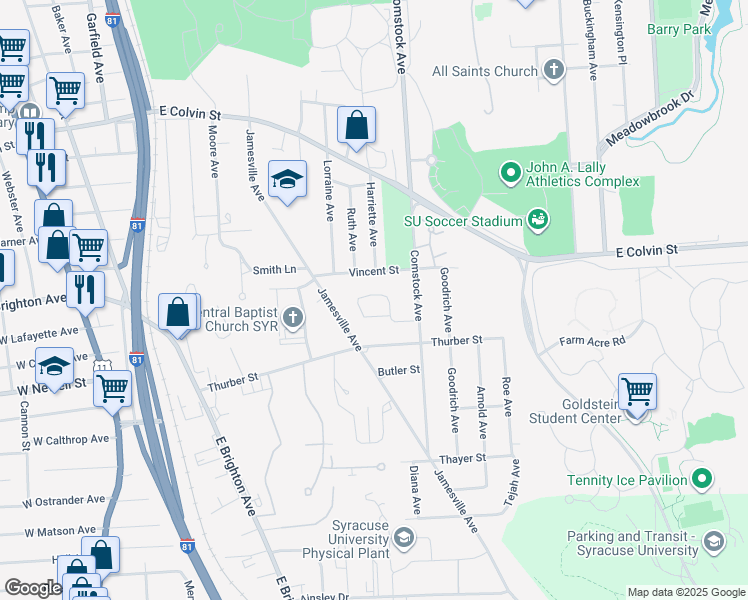 map of restaurants, bars, coffee shops, grocery stores, and more near 140 Xavier Circle in Syracuse