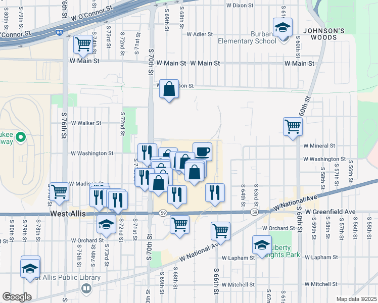 map of restaurants, bars, coffee shops, grocery stores, and more near 6737 West Washington Street in West Allis