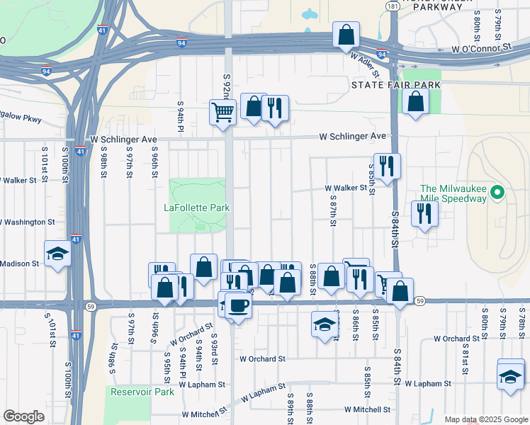 map of restaurants, bars, coffee shops, grocery stores, and more near 1038 South 90th Street in West Allis