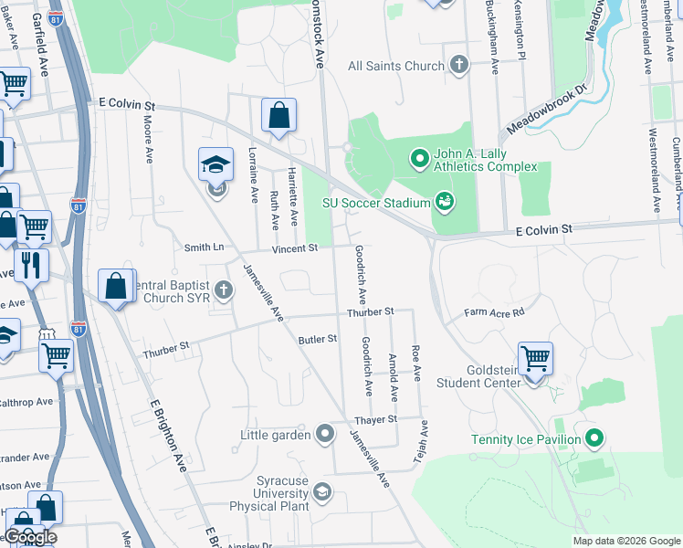 map of restaurants, bars, coffee shops, grocery stores, and more near 1231 Comstock Avenue in Syracuse