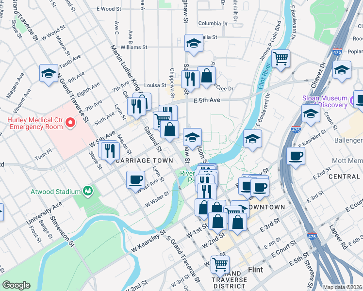 map of restaurants, bars, coffee shops, grocery stores, and more near 607 East 2nd Avenue in Flint