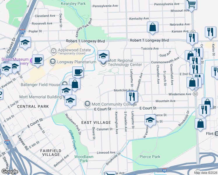 map of restaurants, bars, coffee shops, grocery stores, and more near 1710 Montclair Avenue in Flint