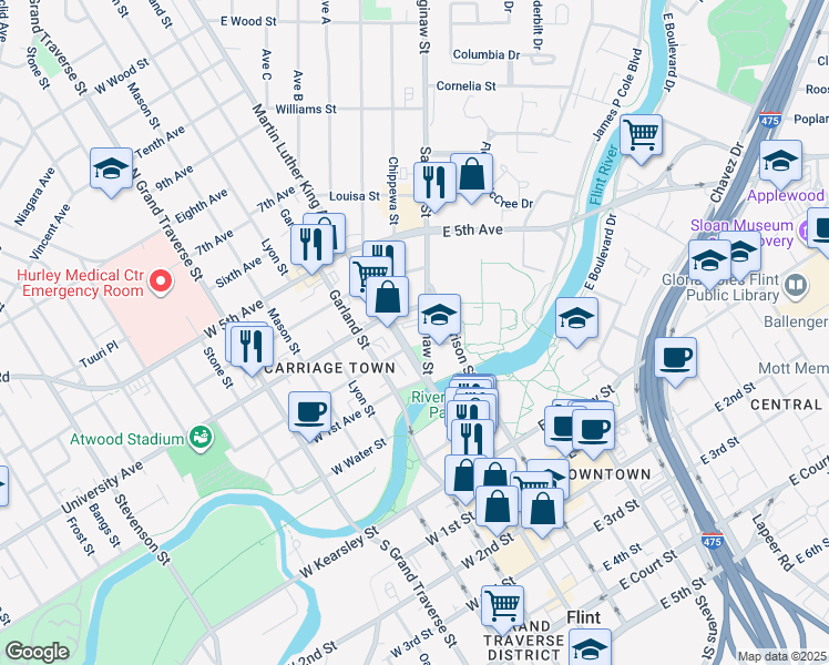 map of restaurants, bars, coffee shops, grocery stores, and more near in Flint