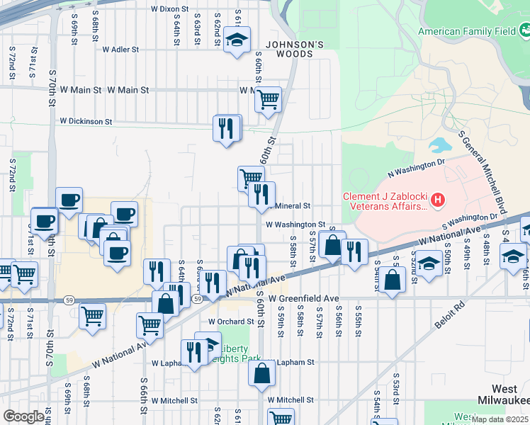 map of restaurants, bars, coffee shops, grocery stores, and more near 1100 South 60th Street in West Allis