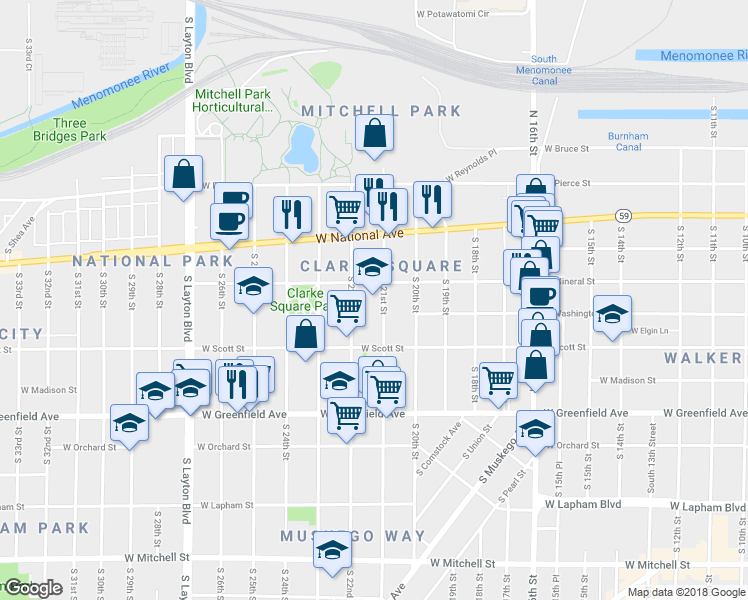map of restaurants, bars, coffee shops, grocery stores, and more near 1021 South 21st Street in Milwaukee