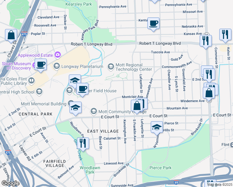 map of restaurants, bars, coffee shops, grocery stores, and more near 1710 Montclair Avenue in Flint