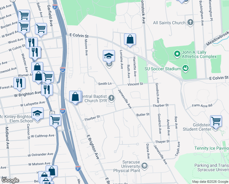 map of restaurants, bars, coffee shops, grocery stores, and more near 614 Jamesville Avenue in Syracuse