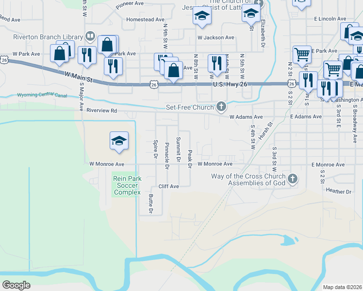 map of restaurants, bars, coffee shops, grocery stores, and more near 510 Summit Drive in Riverton