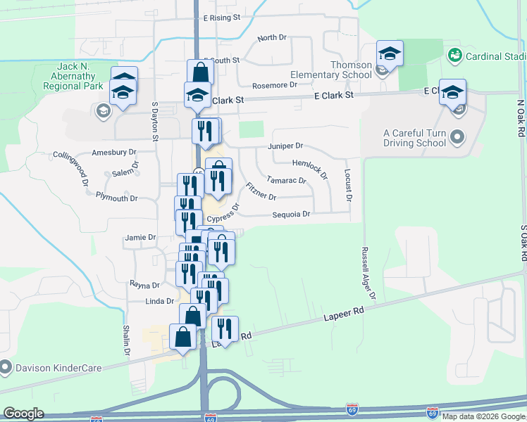 map of restaurants, bars, coffee shops, grocery stores, and more near 304 Sequoia Drive in Davison