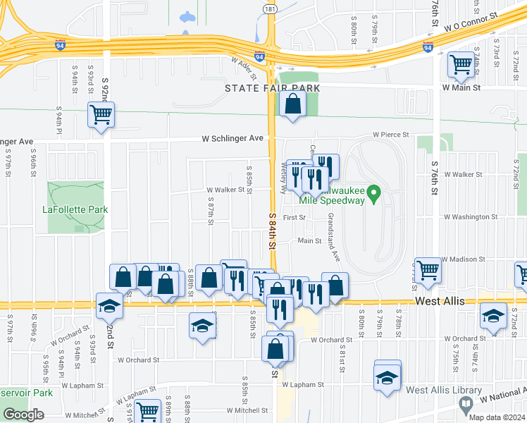 map of restaurants, bars, coffee shops, grocery stores, and more near 1001 South 84th Street in West Allis