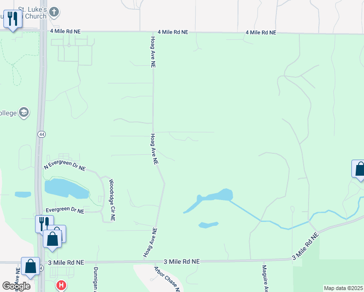 map of restaurants, bars, coffee shops, grocery stores, and more near 3740 Walnut Springs Drive Northeast in Grand Rapids