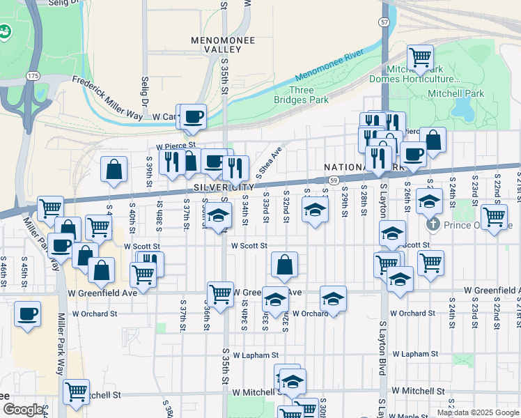 map of restaurants, bars, coffee shops, grocery stores, and more near 1101 South 33rd Street in Milwaukee