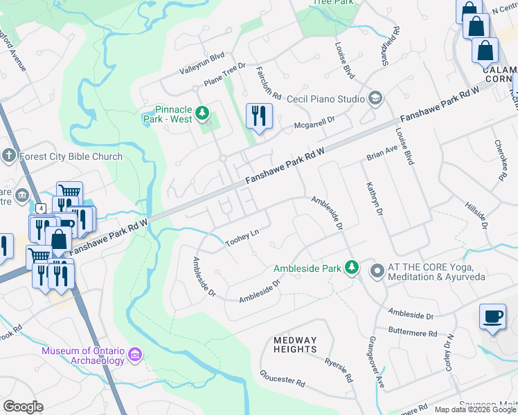 map of restaurants, bars, coffee shops, grocery stores, and more near 340 Ambleside Drive in London