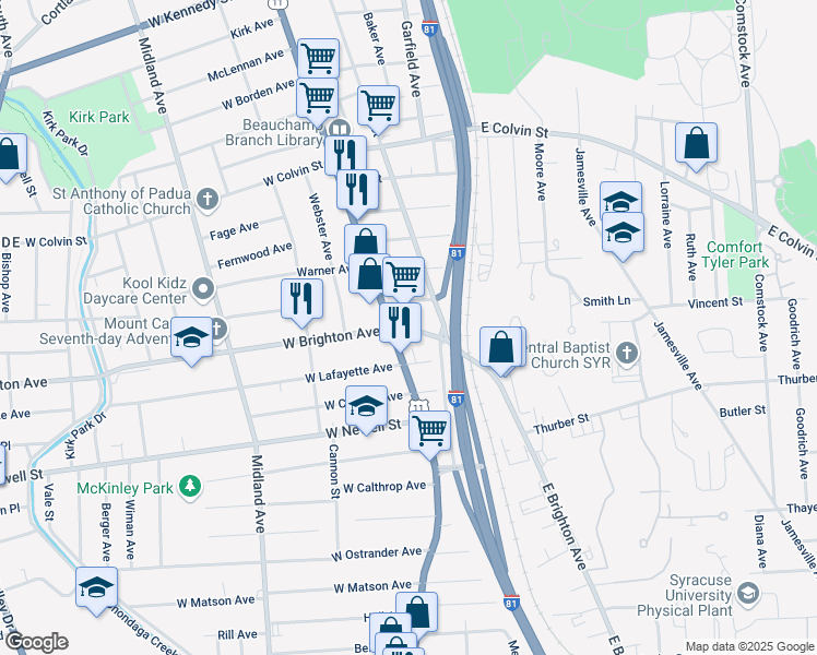 map of restaurants, bars, coffee shops, grocery stores, and more near 2842-46 South Salina Street in Syracuse