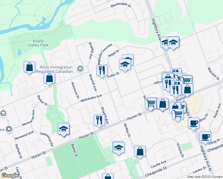 map of restaurants, bars, coffee shops, grocery stores, and more near 329 Regal Drive in London