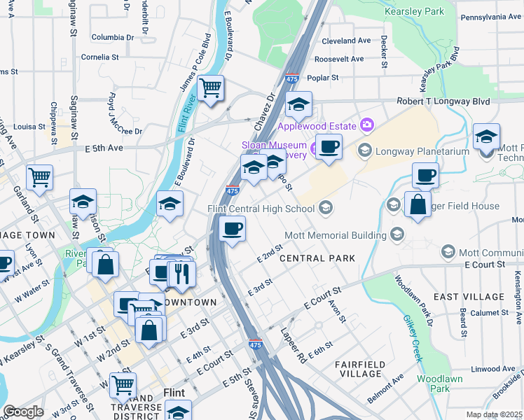 map of restaurants, bars, coffee shops, grocery stores, and more near 431 Thomson Street in Flint