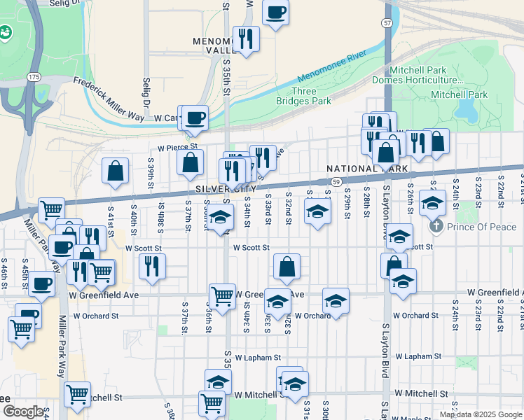 map of restaurants, bars, coffee shops, grocery stores, and more near 1101 South 33rd Street in Milwaukee