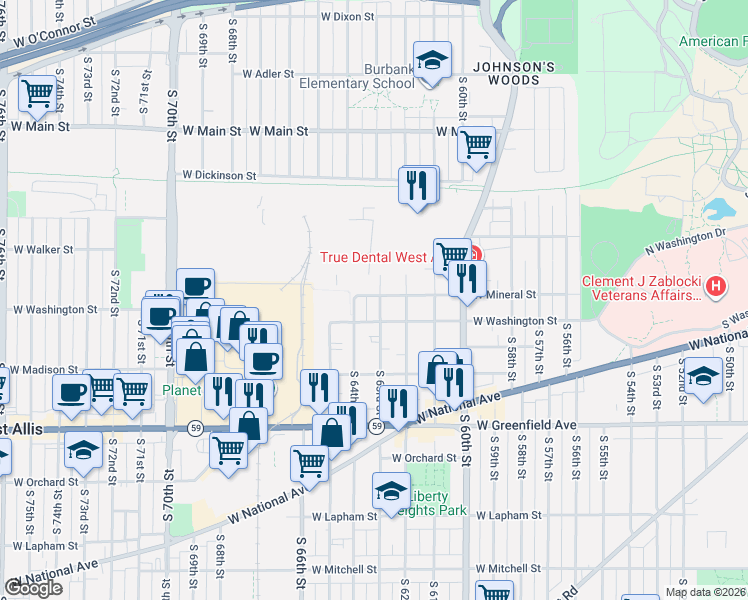 map of restaurants, bars, coffee shops, grocery stores, and more near 1101 South 63rd Street in West Allis