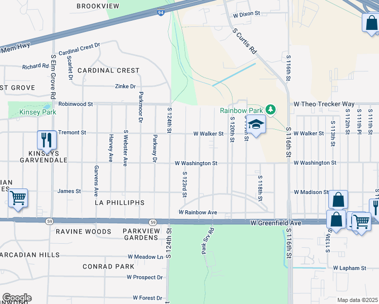 map of restaurants, bars, coffee shops, grocery stores, and more near 12207 West Washington Street in West Allis