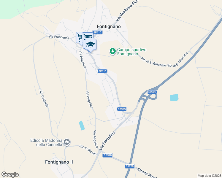 map of restaurants, bars, coffee shops, grocery stores, and more near Via Fonte Luna in Fontignano