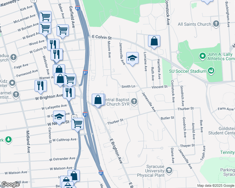 map of restaurants, bars, coffee shops, grocery stores, and more near 105 Smith Lane in Syracuse