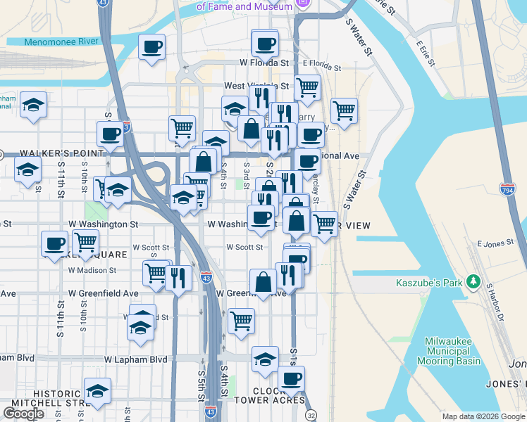 map of restaurants, bars, coffee shops, grocery stores, and more near 1017 South 2nd Street in Milwaukee