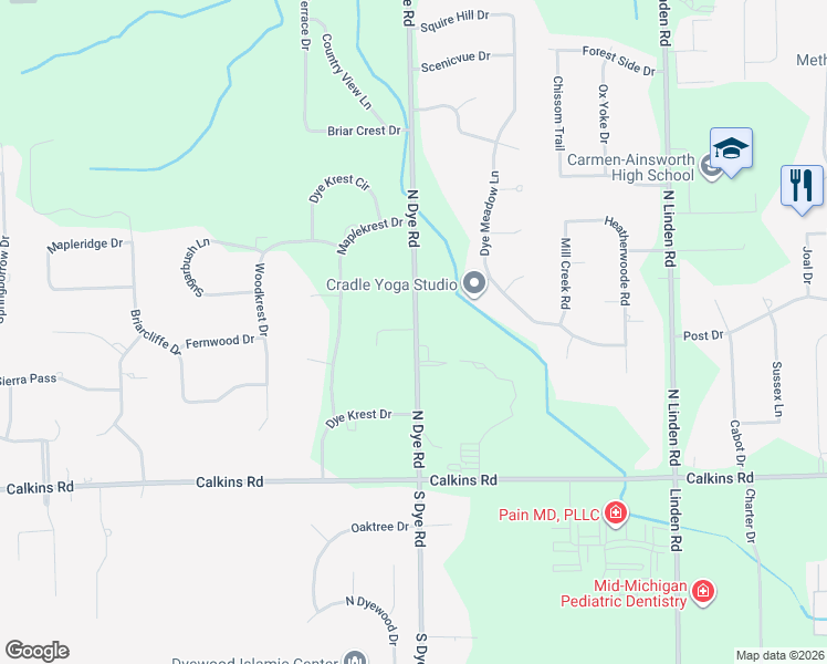 map of restaurants, bars, coffee shops, grocery stores, and more near 1128 North Dye Road in Flint