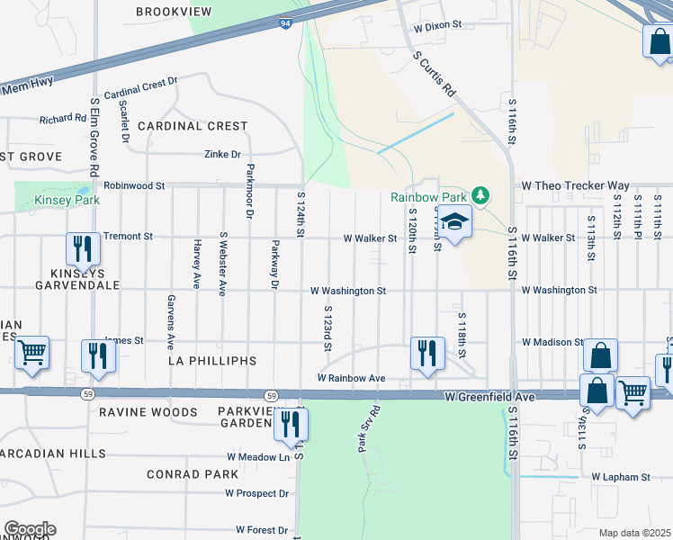 map of restaurants, bars, coffee shops, grocery stores, and more near 12207 West Washington Street in West Allis