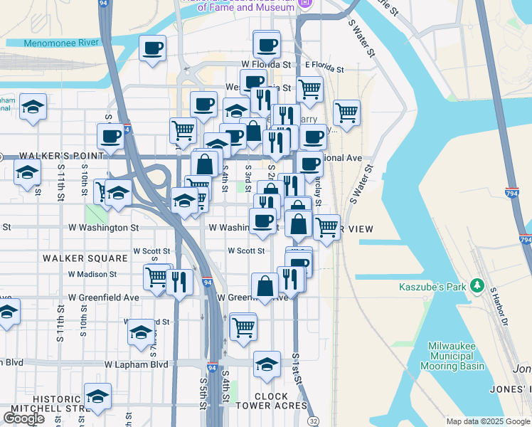 map of restaurants, bars, coffee shops, grocery stores, and more near 229 West Washington Street in Milwaukee